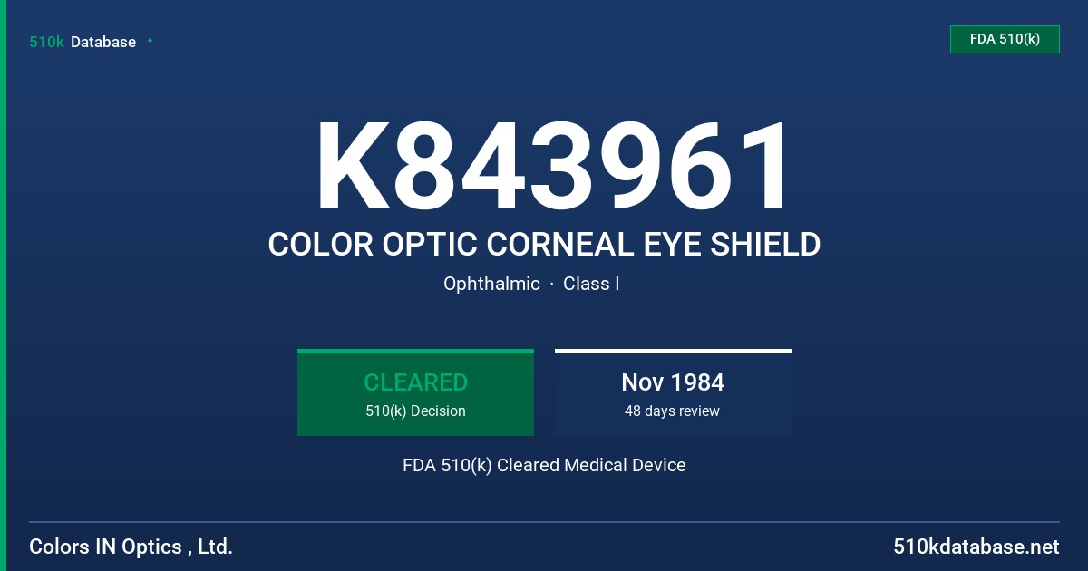 K843961 COLOR OPTIC CORNEAL EYE SHIELD FDA 510(k) Cleared Medical Device