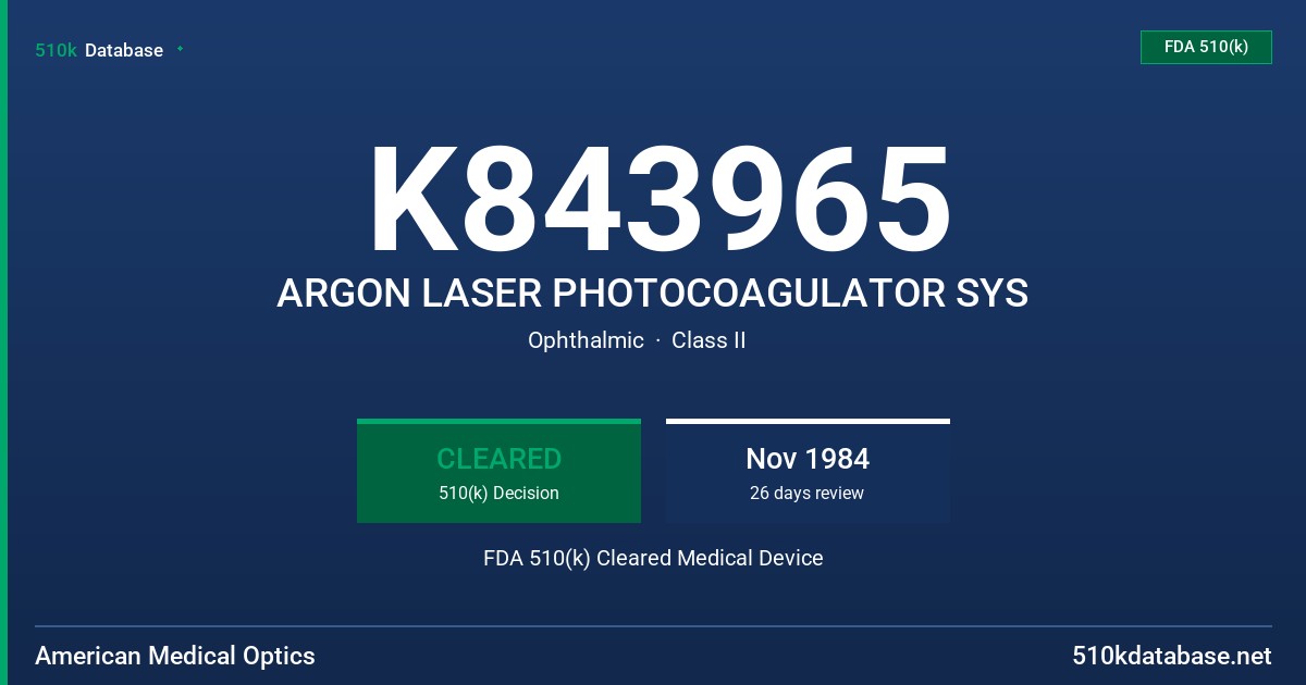 K843965 ARGON LASER PHOTOCOAGULATOR SYS FDA 510(k) Cleared Medical Device