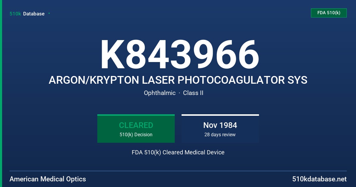 K843966 ARGON/KRYPTON LASER PHOTOCOAGULATOR SYS FDA 510(k) Cleared Medical Device