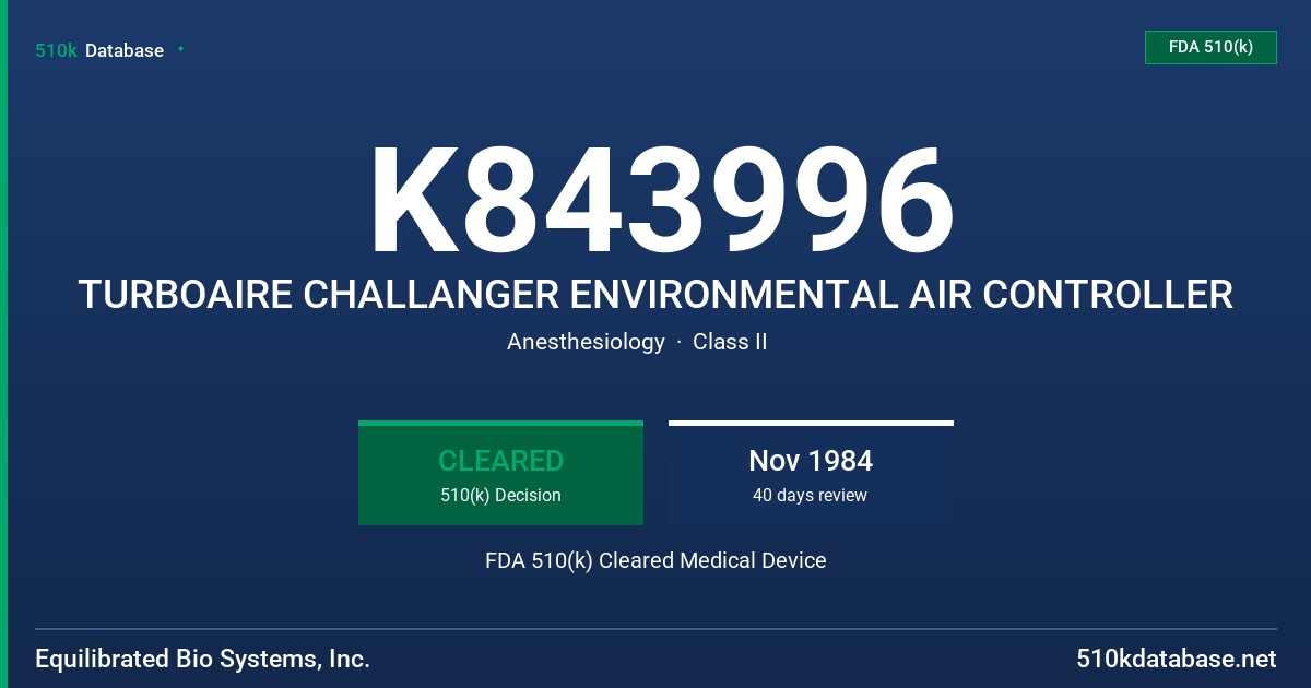 K843996 TURBOAIRE CHALLANGER ENVIRONMENTAL AIR CONTROLLER FDA 510(k) Cleared Medical Device