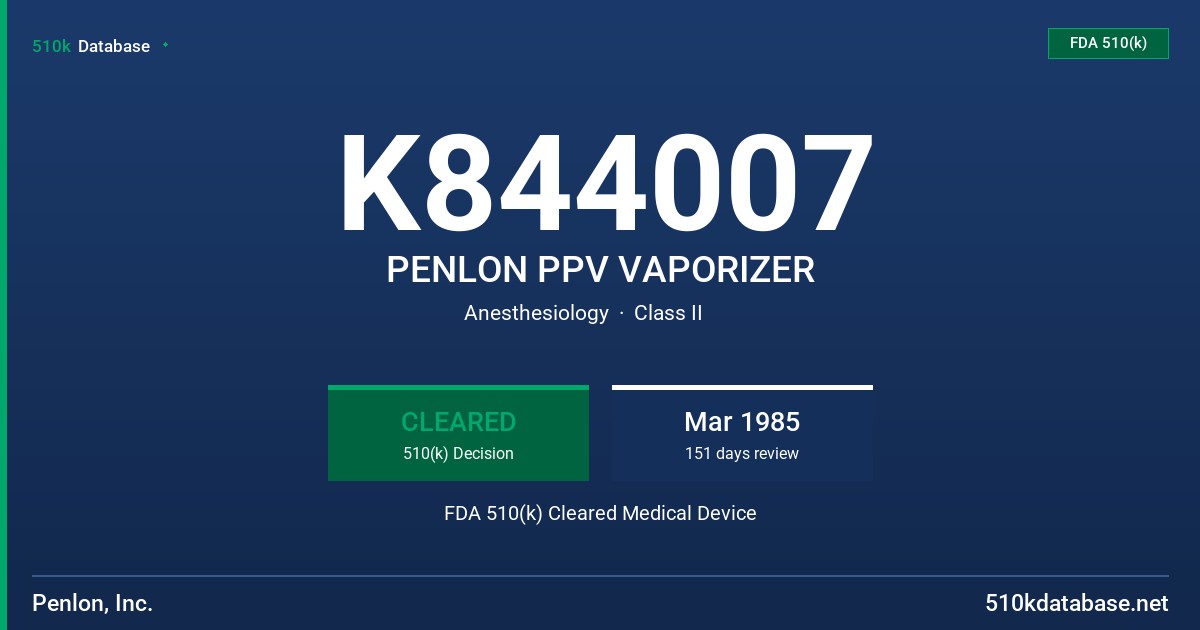 K844007 PENLON PPV VAPORIZER FDA 510(k) Cleared Medical Device