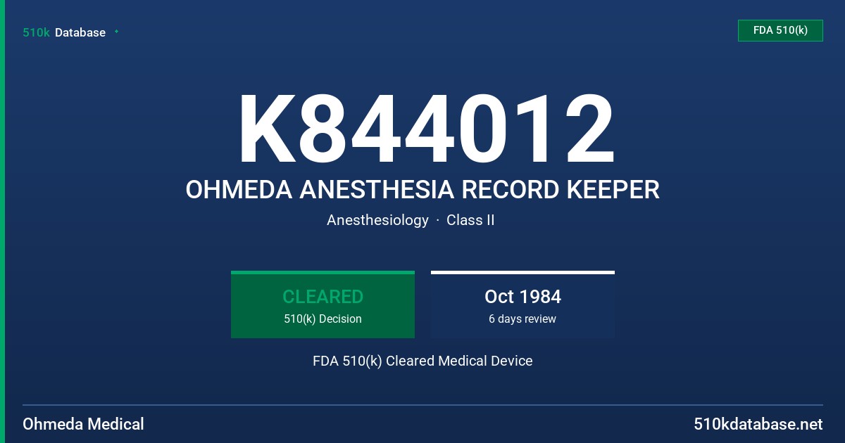 K844012 OHMEDA ANESTHESIA RECORD KEEPER FDA 510(k) Cleared Medical Device