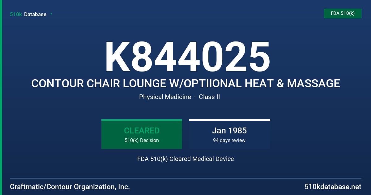 K844025 CONTOUR CHAIR LOUNGE W/OPTIIONAL HEAT & MASSAGE FDA 510(k) Cleared Medical Device