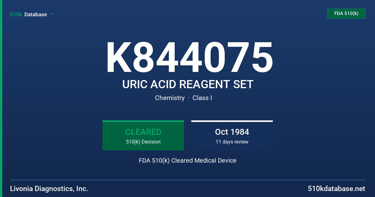 K844075 URIC ACID REAGENT SET FDA 510(k) Cleared Medical Device