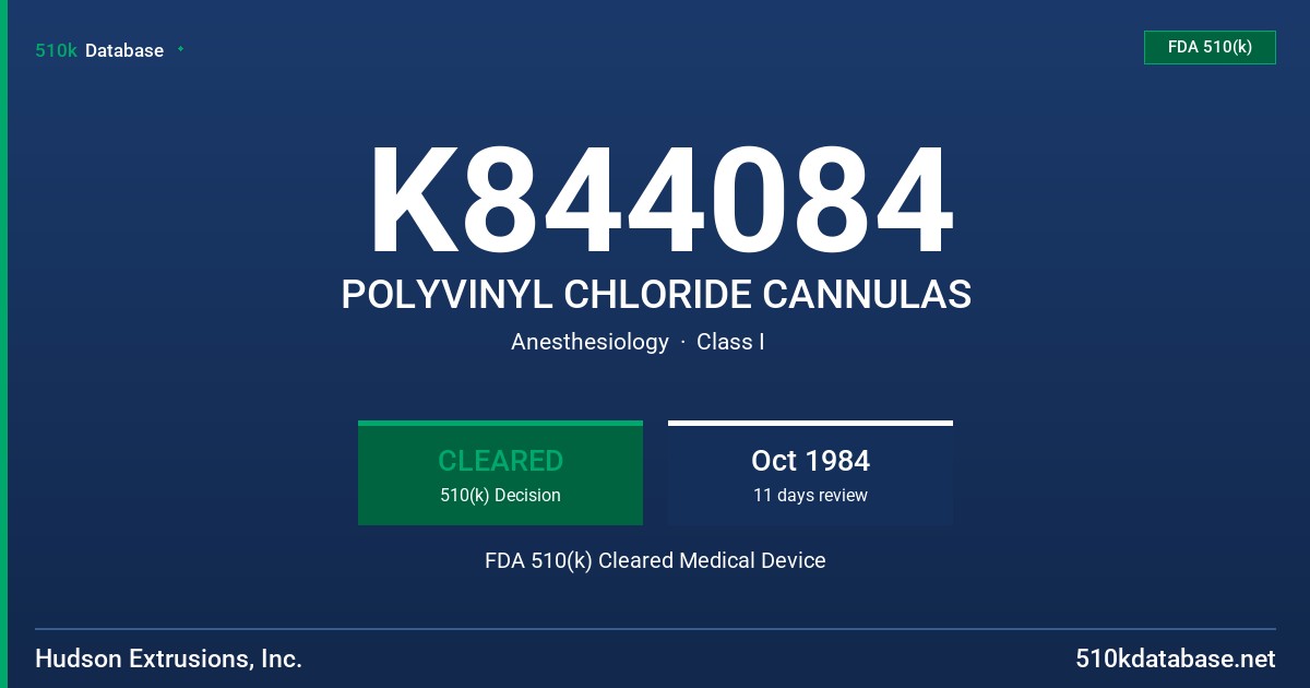 K844084 POLYVINYL CHLORIDE CANNULAS FDA 510(k) Cleared Medical Device
