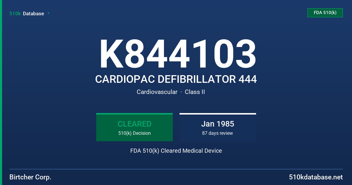 K844103 CARDIOPAC DEFIBRILLATOR 444 FDA 510(k) Cleared Medical Device