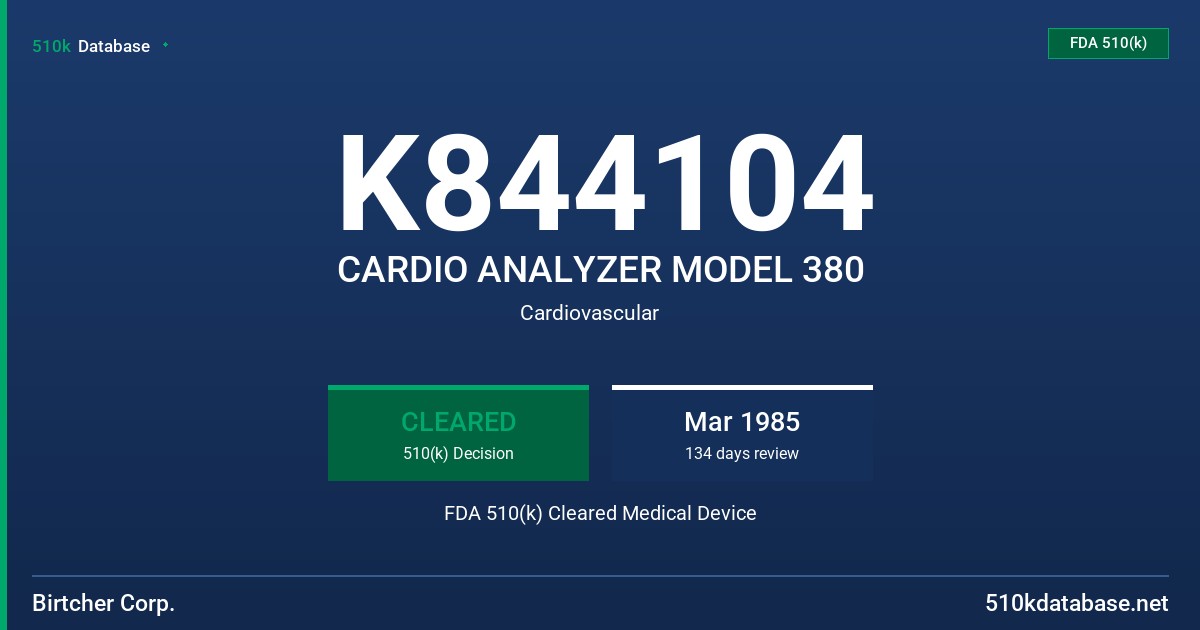 K844104 CARDIO ANALYZER MODEL 380 FDA 510(k) Cleared Medical Device