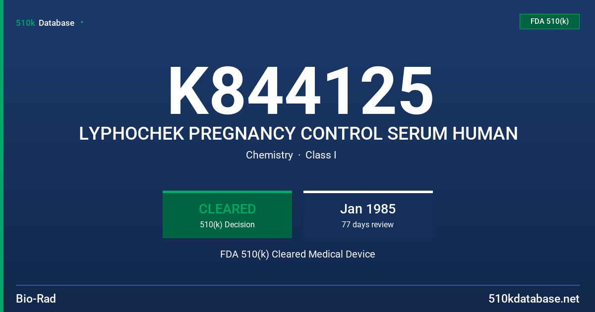 K844125 LYPHOCHEK PREGNANCY CONTROL SERUM HUMAN FDA 510(k) Cleared Medical Device