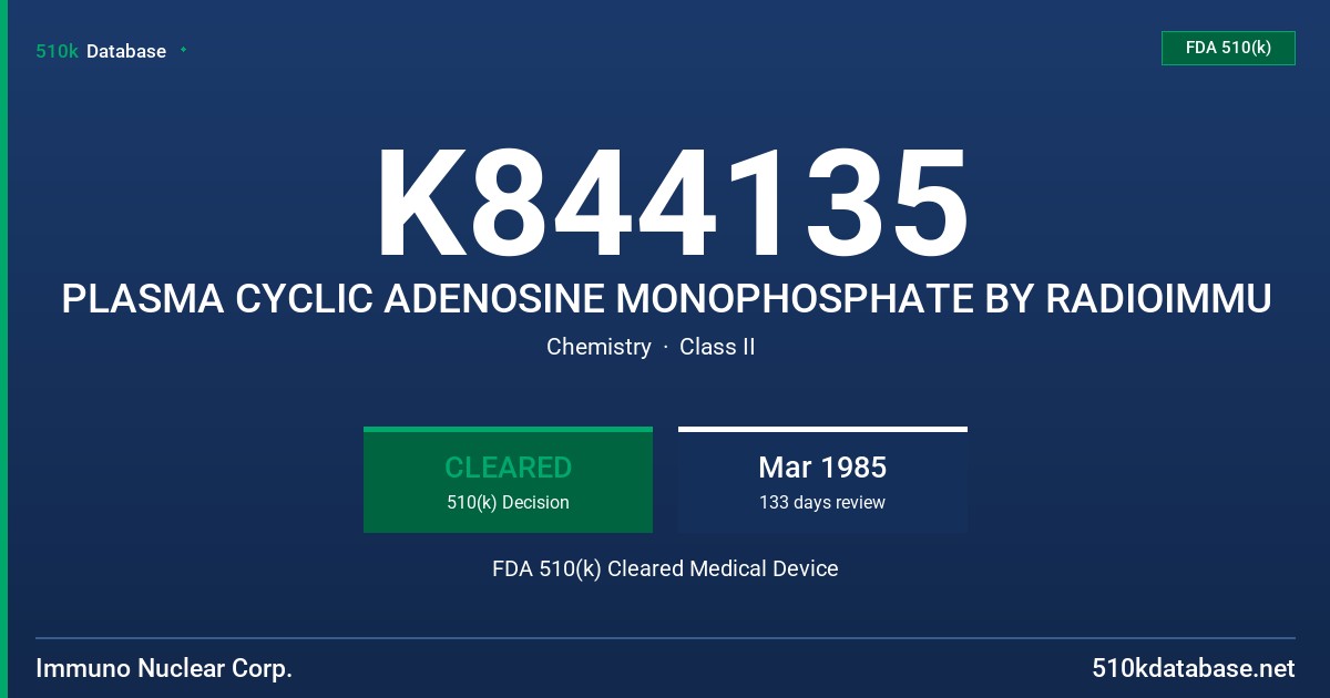 K844135 PLASMA CYCLIC ADENOSINE MONOPHOSPHATE BY RADIOIMMU FDA 510(k) Cleared Medical Device