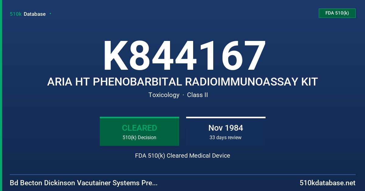 K844167 ARIA HT PHENOBARBITAL RADIOIMMUNOASSAY KIT FDA 510(k) Cleared Medical Device
