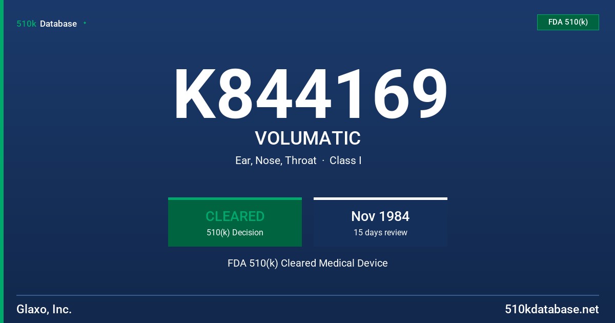 K844169 VOLUMATIC FDA 510(k) Cleared Medical Device