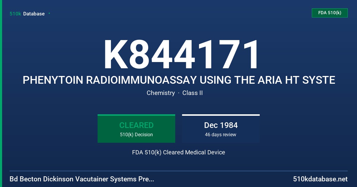 K844171 PHENYTOIN RADIOIMMUNOASSAY USING THE ARIA HT SYSTE FDA 510(k) Cleared Medical Device