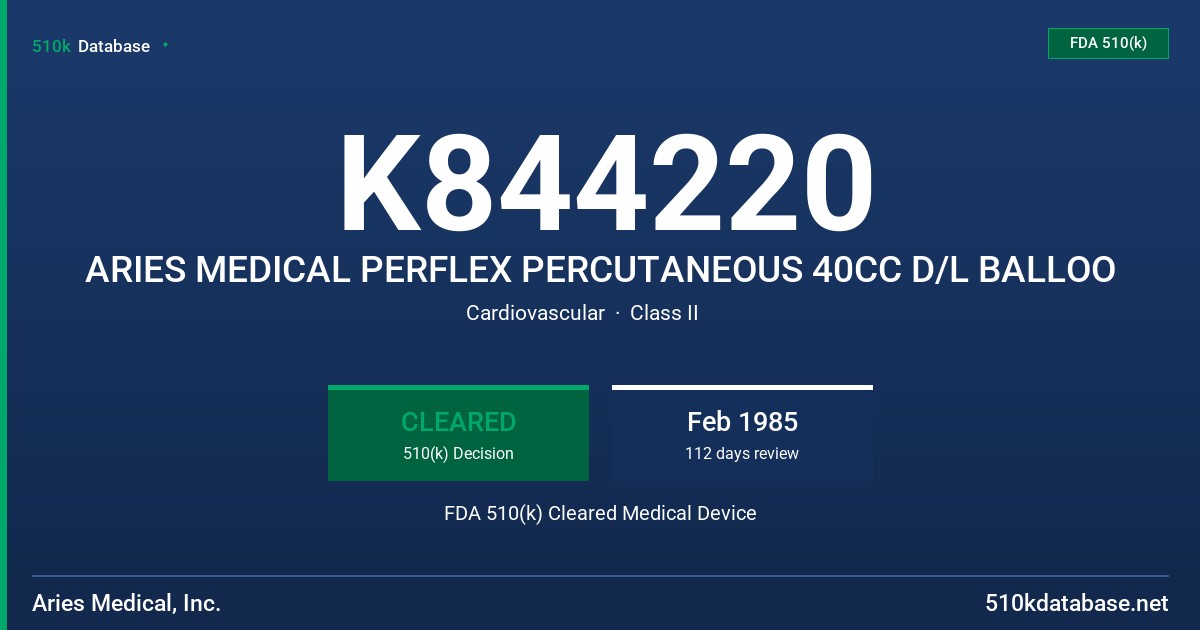 K844220 ARIES MEDICAL PERFLEX PERCUTANEOUS 40CC D/L BALLOO FDA 510(k) Cleared Medical Device