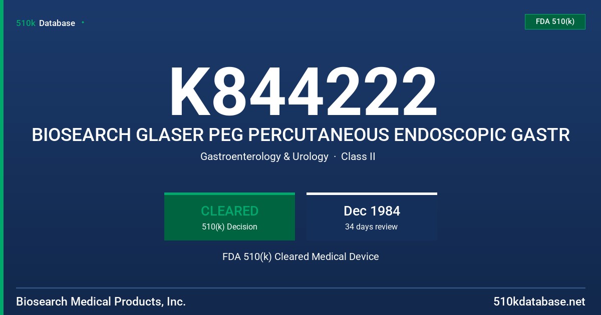 K844222 BIOSEARCH GLASER PEG PERCUTANEOUS ENDOSCOPIC GASTR FDA 510(k) Cleared Medical Device