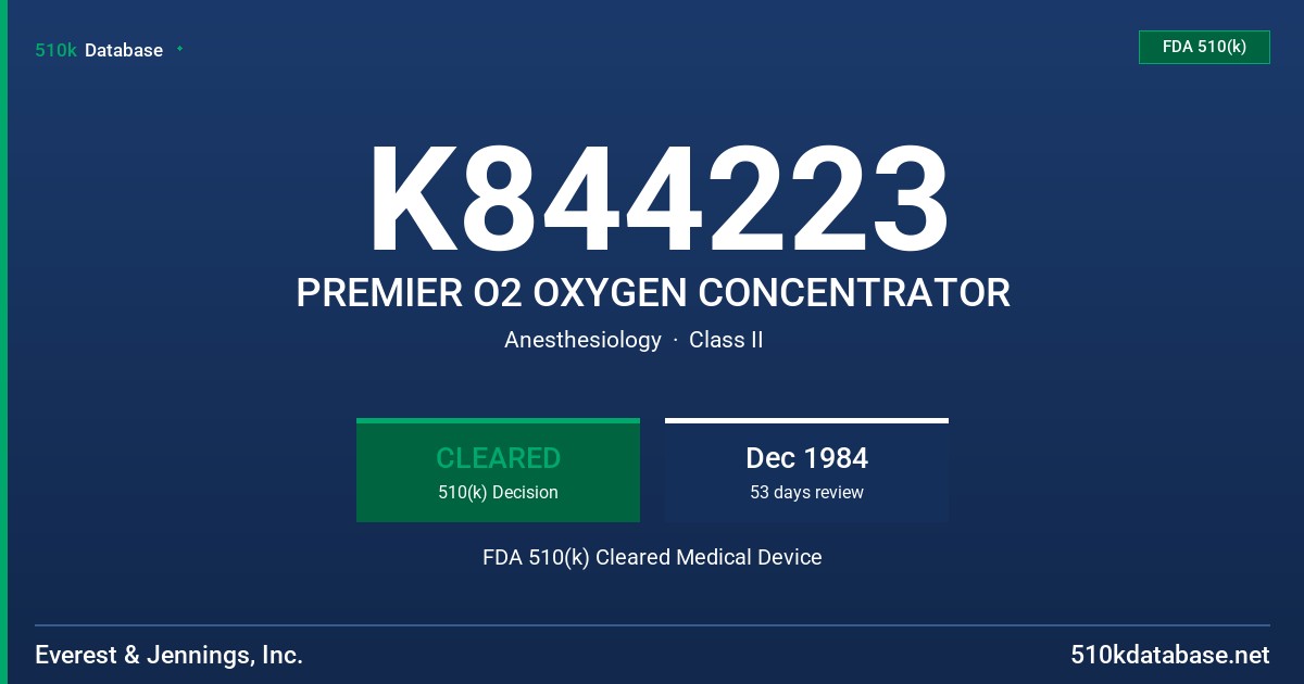 K844223 PREMIER O2 OXYGEN CONCENTRATOR FDA 510(k) Cleared Medical Device
