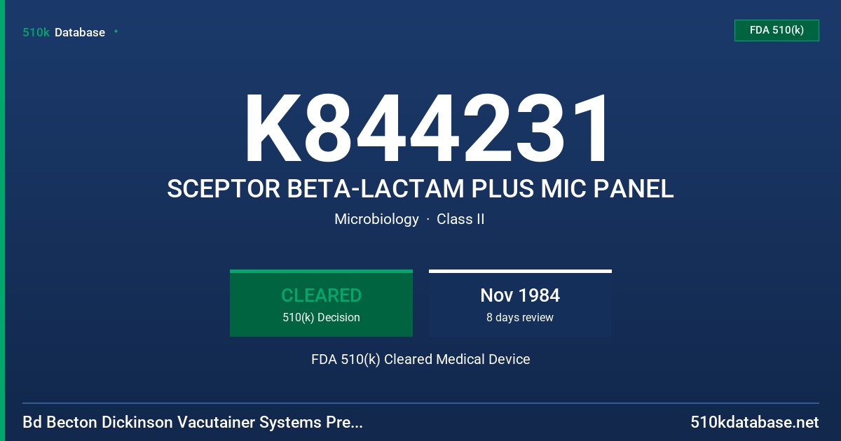 K844231 SCEPTOR BETA-LACTAM PLUS MIC PANEL FDA 510(k) Cleared Medical Device