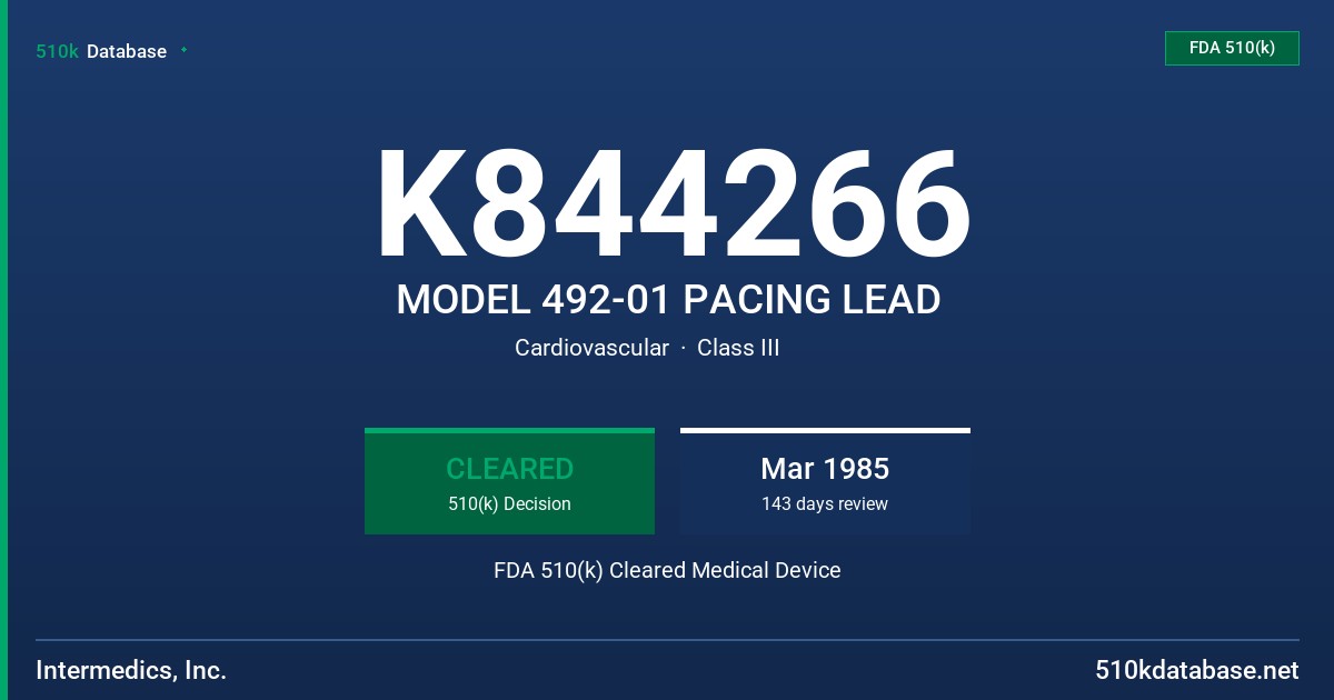 K844266 MODEL 492-01 PACING LEAD FDA 510(k) Cleared Medical Device