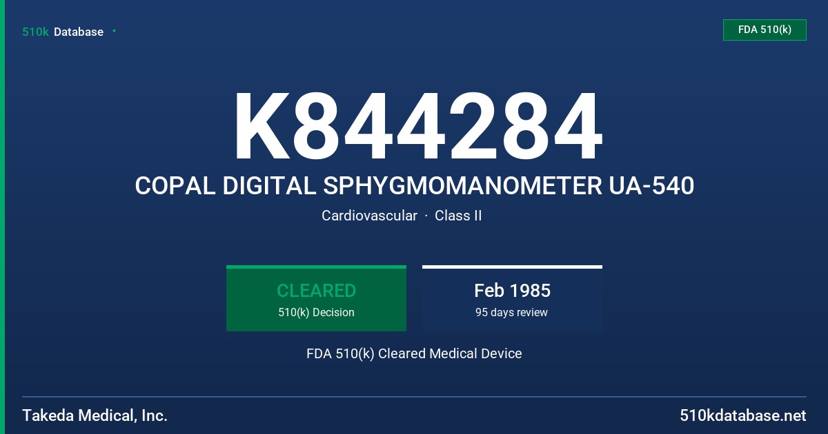 K844284 COPAL DIGITAL SPHYGMOMANOMETER UA-540 FDA 510(k) Cleared Medical Device