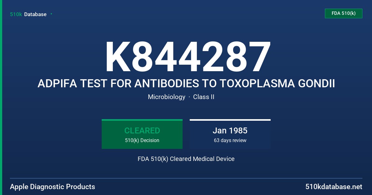 K844287 ADPIFA TEST FOR ANTIBODIES TO TOXOPLASMA GONDII FDA 510(k) Cleared Medical Device