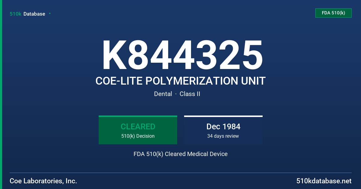 K844325 COE-LITE POLYMERIZATION UNIT FDA 510(k) Cleared Medical Device