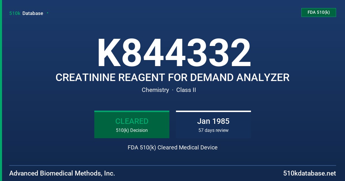 K844332 CREATININE REAGENT FOR DEMAND ANALYZER FDA 510(k) Cleared Medical Device