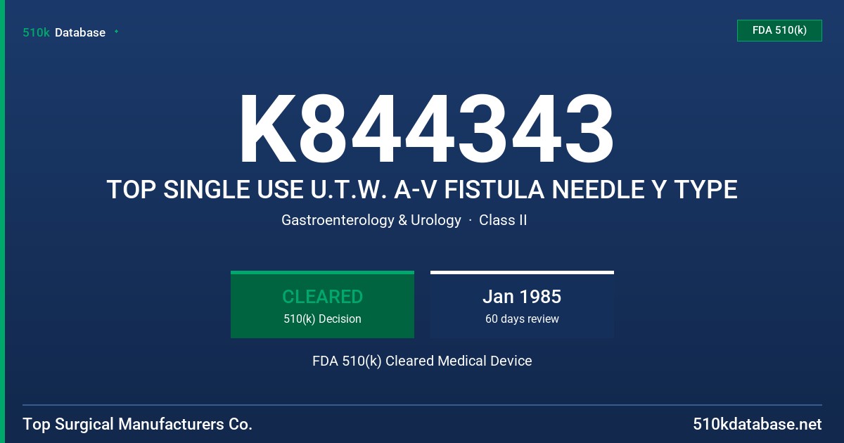 K844343 TOP SINGLE USE U.T.W. A-V FISTULA NEEDLE Y TYPE FDA 510(k) Cleared Medical Device
