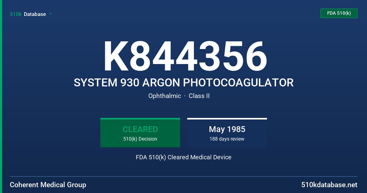 K844356 SYSTEM 930 ARGON PHOTOCOAGULATOR FDA 510(k) Cleared Medical Device