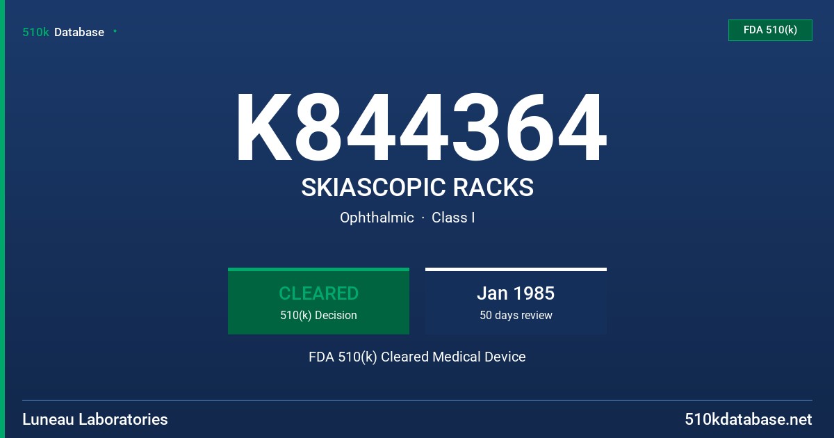 K844364 SKIASCOPIC RACKS FDA 510(k) Cleared Medical Device