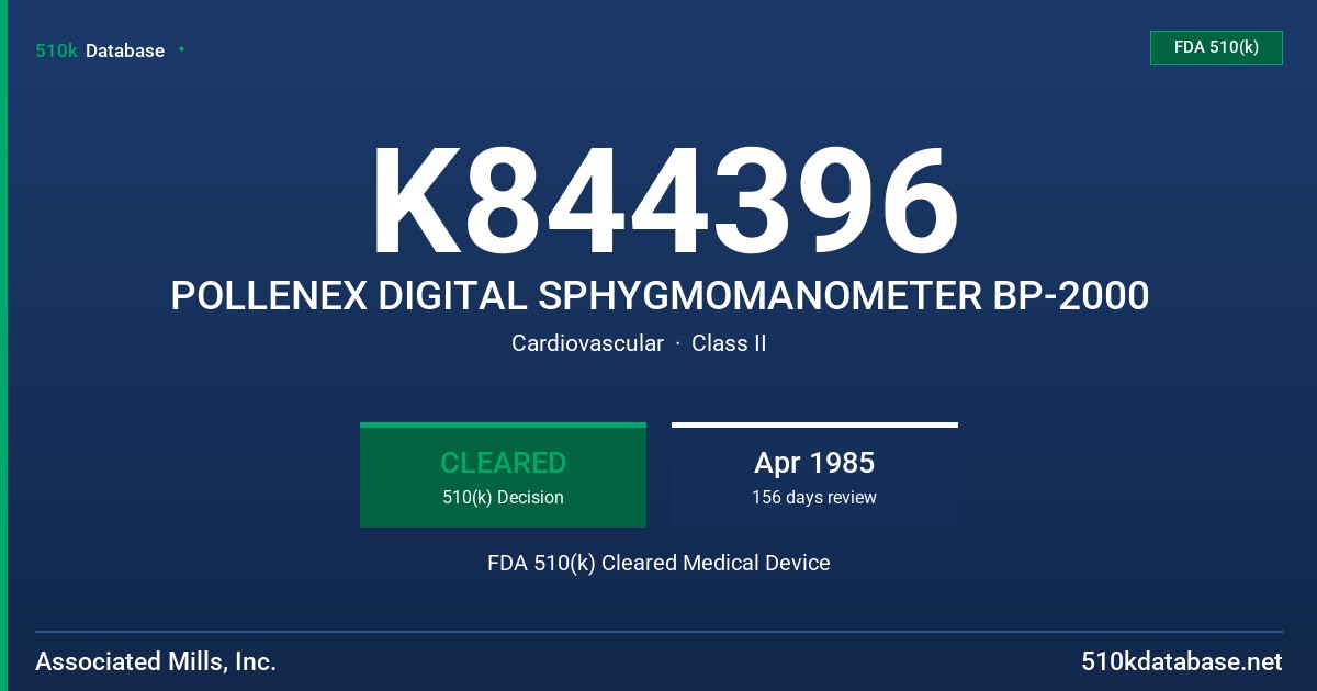 K844396 POLLENEX DIGITAL SPHYGMOMANOMETER BP-2000 FDA 510(k) Cleared Medical Device