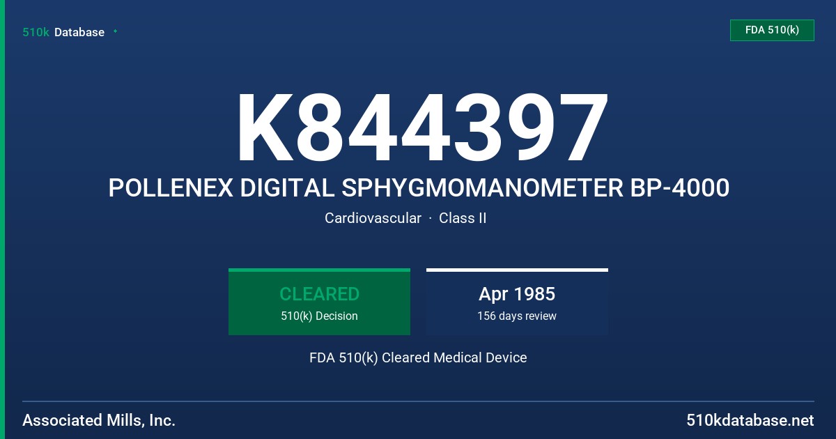 K844397 POLLENEX DIGITAL SPHYGMOMANOMETER BP-4000 FDA 510(k) Cleared Medical Device
