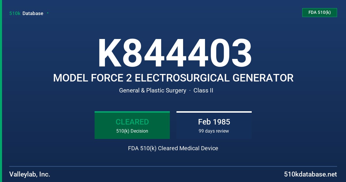 K844403 MODEL FORCE 2 ELECTROSURGICAL GENERATOR FDA 510(k) Cleared Medical Device