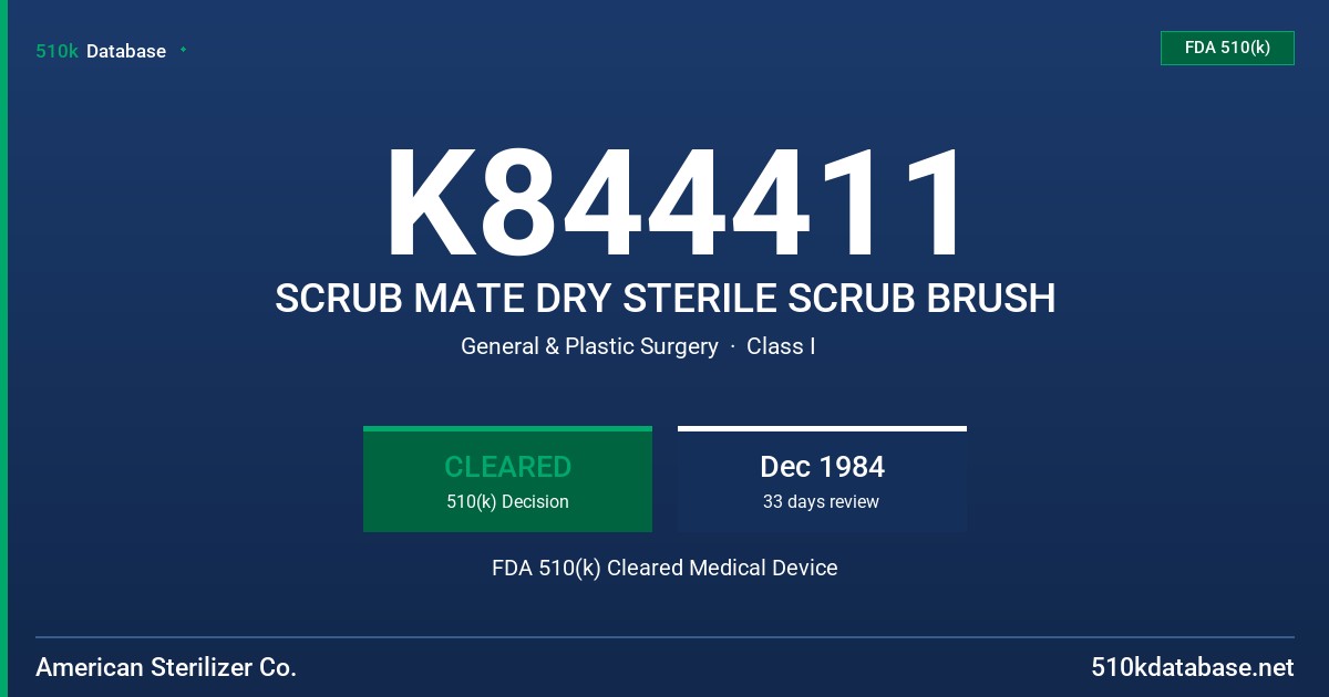 K844411 SCRUB MATE DRY STERILE SCRUB BRUSH FDA 510(k) Cleared Medical Device