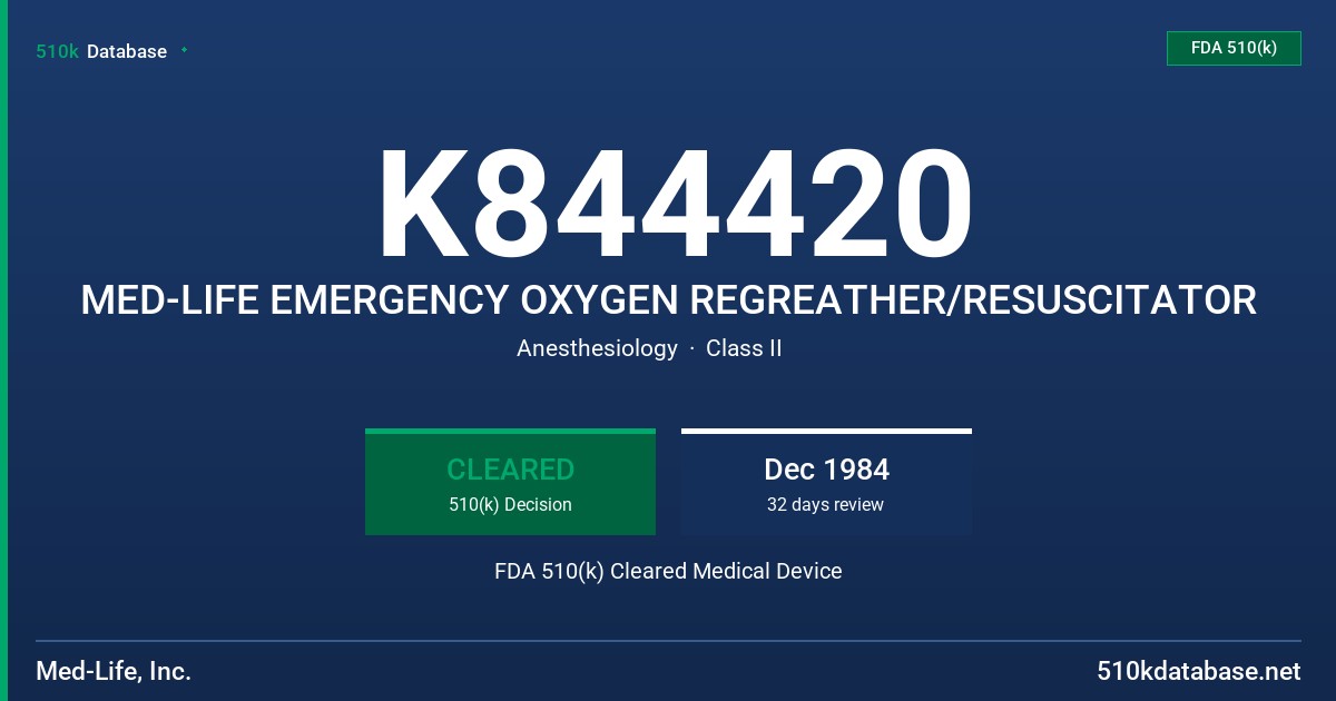 K844420 MED-LIFE EMERGENCY OXYGEN REGREATHER/RESUSCITATOR FDA 510(k) Cleared Medical Device