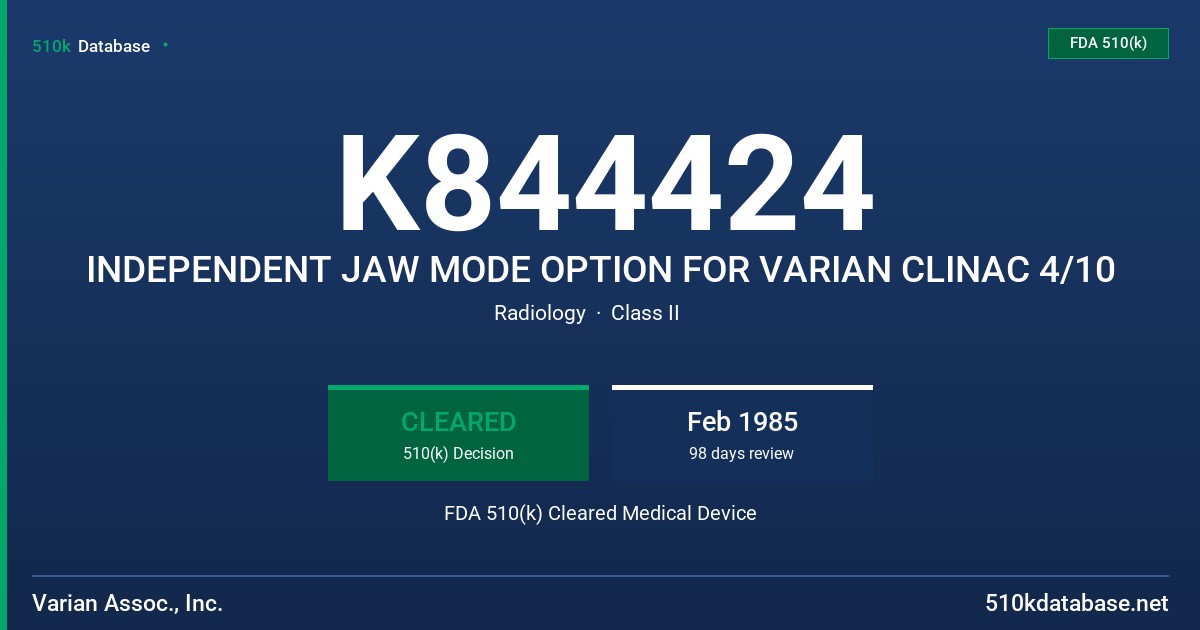 K844424 INDEPENDENT JAW MODE OPTION FOR VARIAN CLINAC 4/10 FDA 510(k) Cleared Medical Device