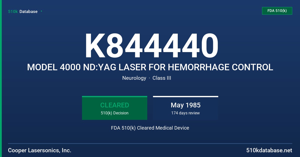 K844440 MODEL 4000 ND:YAG LASER FOR HEMORRHAGE CONTROL FDA 510(k) Cleared Medical Device