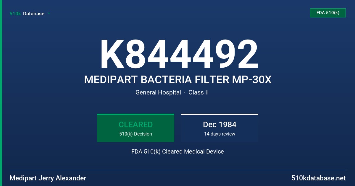 K844492 MEDIPART BACTERIA FILTER MP-30X FDA 510(k) Cleared Medical Device