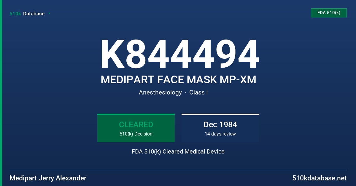 K844494 MEDIPART FACE MASK MP-XM FDA 510(k) Cleared Medical Device