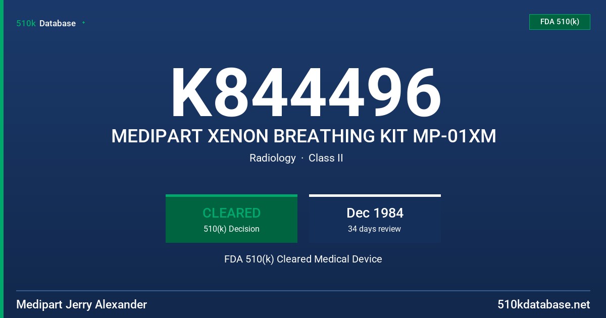 K844496 MEDIPART XENON BREATHING KIT MP-01XM FDA 510(k) Cleared Medical Device