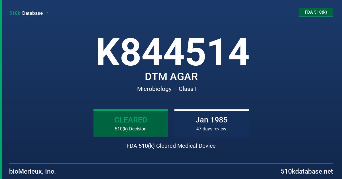 K844514 DTM AGAR FDA 510(k) Cleared Medical Device