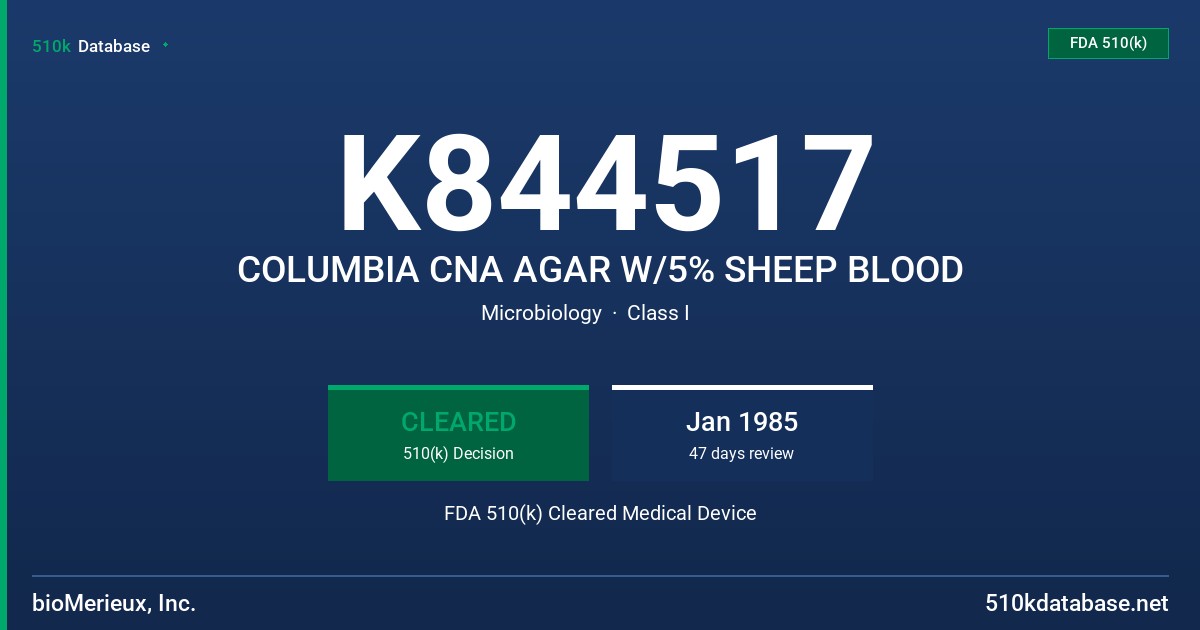 K844517 COLUMBIA CNA AGAR W/5% SHEEP BLOOD FDA 510(k) Cleared Medical Device