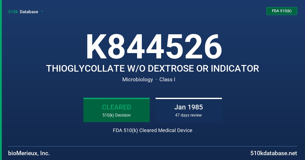 K844526 THIOGLYCOLLATE W/O DEXTROSE OR INDICATOR FDA 510(k) Cleared Medical Device