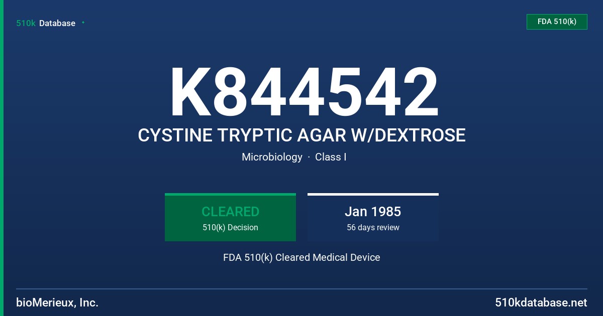 K844542 CYSTINE TRYPTIC AGAR W/DEXTROSE FDA 510(k) Cleared Medical Device