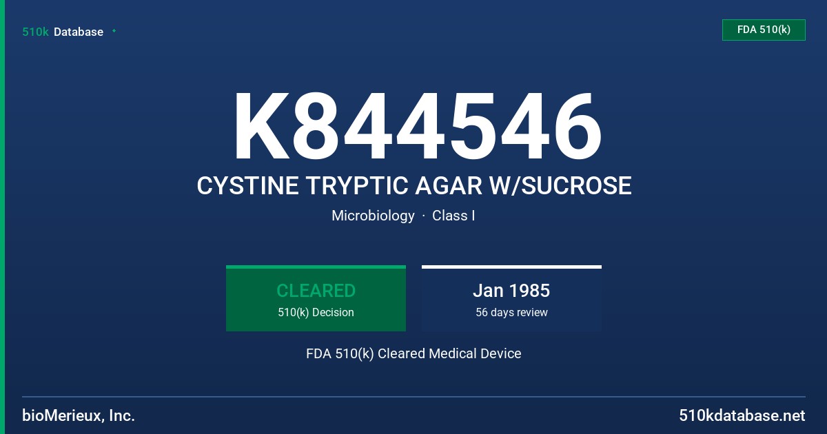 K844546 CYSTINE TRYPTIC AGAR W/SUCROSE FDA 510(k) Cleared Medical Device