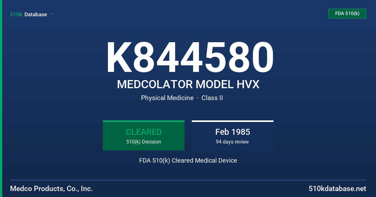 K844580 MEDCOLATOR MODEL HVX FDA 510(k) Cleared Medical Device