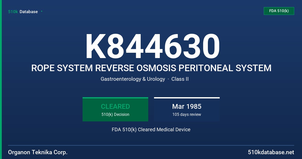 K844630 ROPE SYSTEM REVERSE OSMOSIS PERITONEAL SYSTEM FDA 510(k) Cleared Medical Device