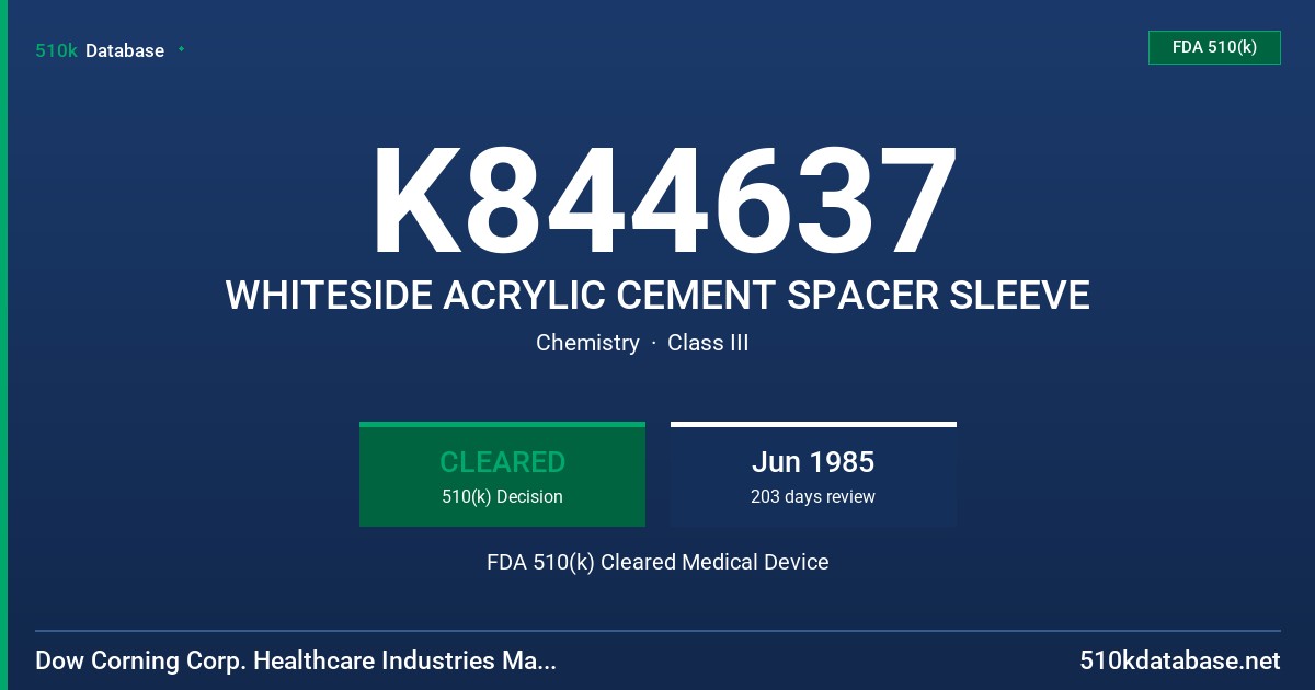 K844637 WHITESIDE ACRYLIC CEMENT SPACER SLEEVE FDA 510(k) Cleared Medical Device
