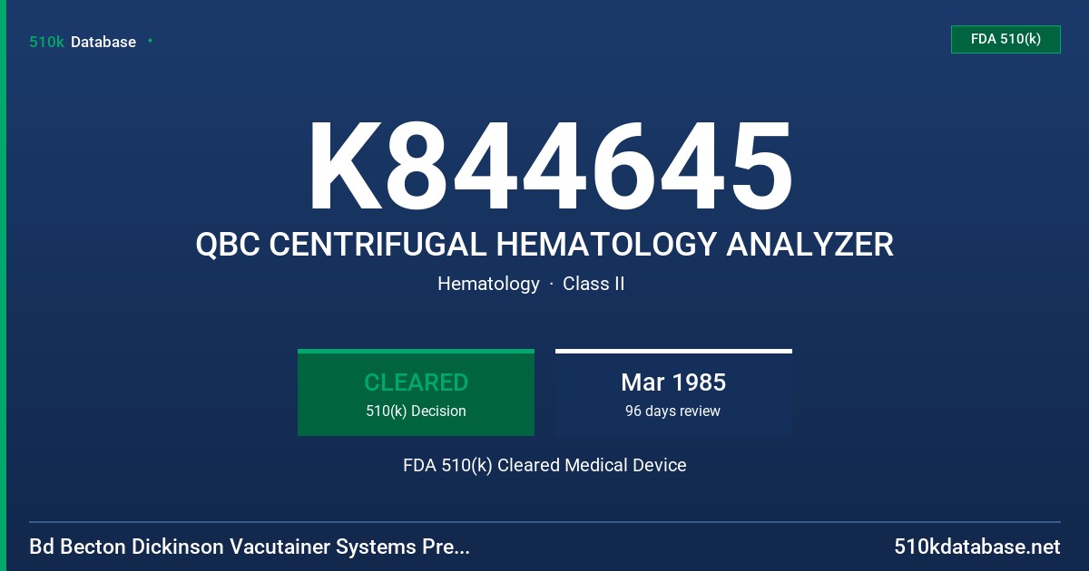 K844645 QBC CENTRIFUGAL HEMATOLOGY ANALYZER FDA 510(k) Cleared Medical Device