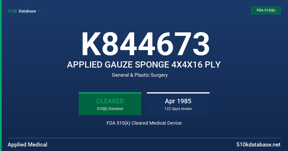 K844673 APPLIED GAUZE SPONGE 4X4X16 PLY FDA 510(k) Cleared Medical Device
