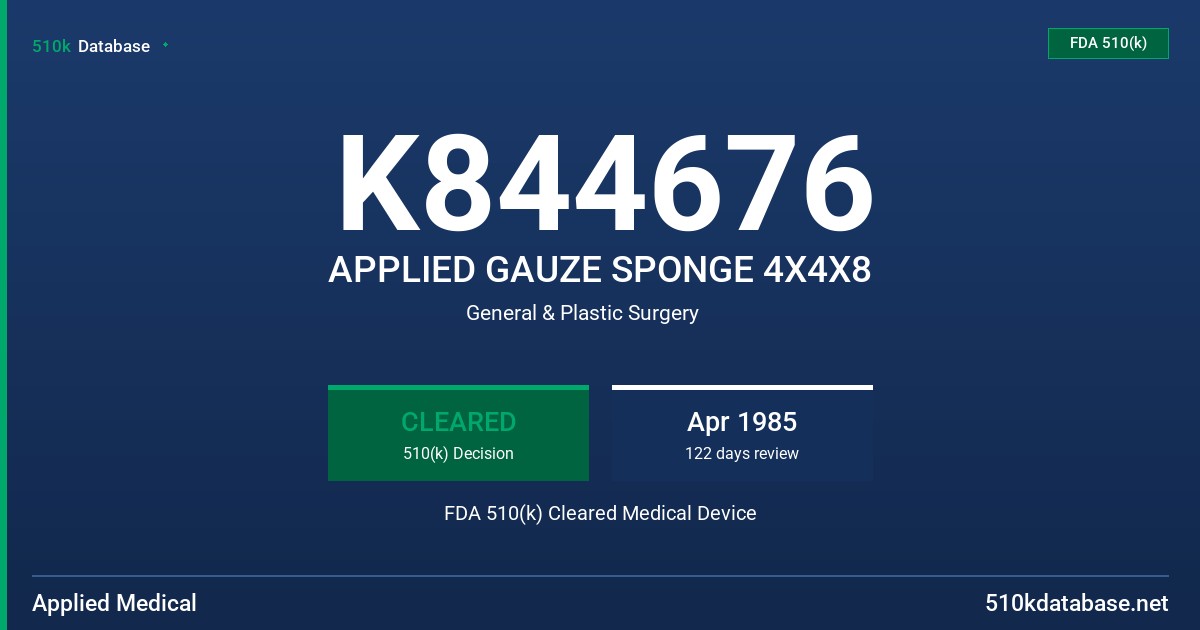 K844676 APPLIED GAUZE SPONGE 4X4X8 FDA 510(k) Cleared Medical Device