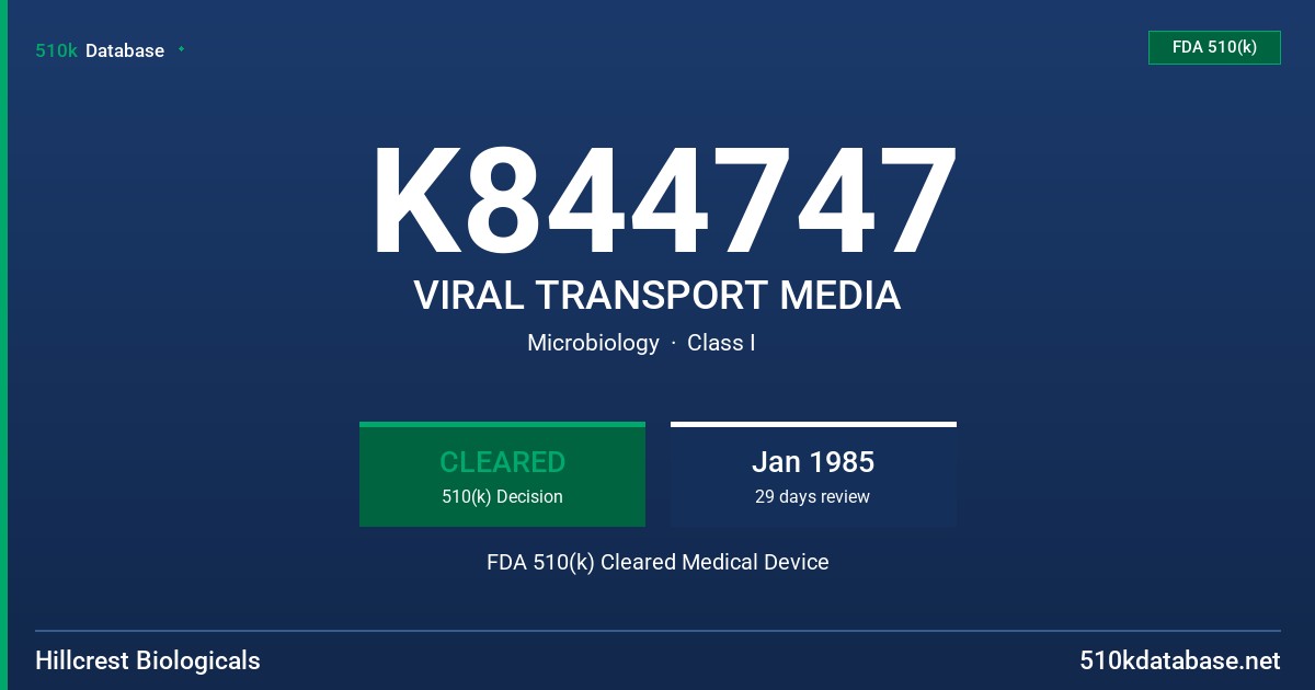 K844747 VIRAL TRANSPORT MEDIA FDA 510(k) Cleared Medical Device